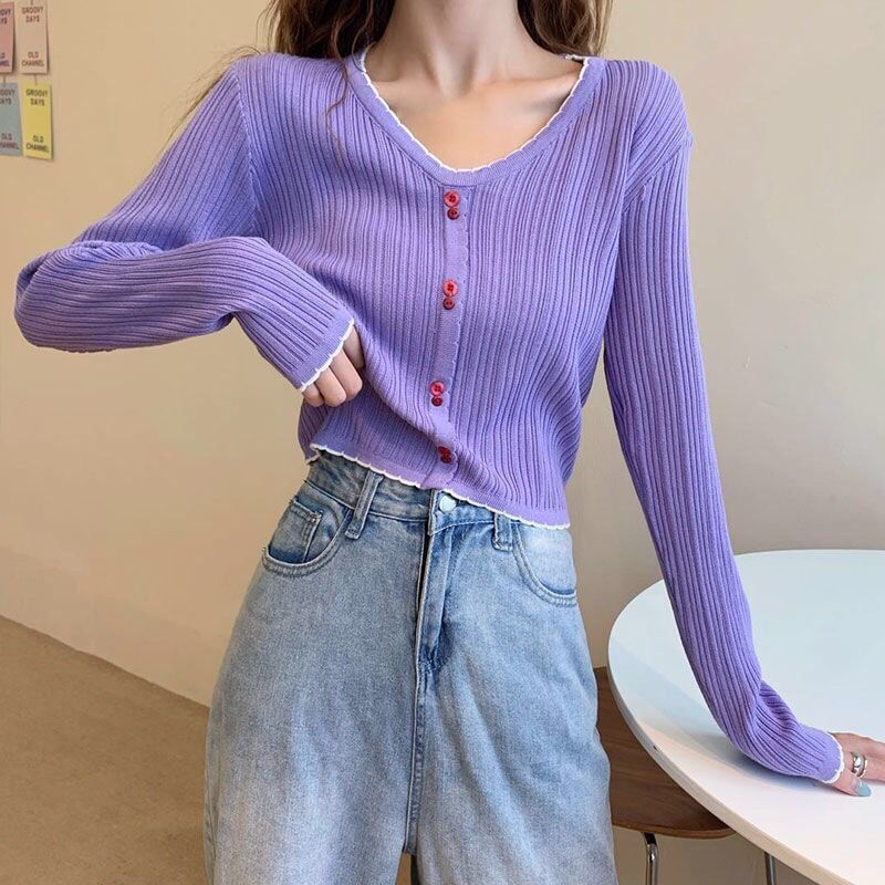 Crop Trim Ribbed Long-Sleeve V-Neck Contrast Knit Button Top