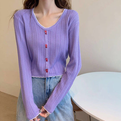 Crop Trim Ribbed Long-Sleeve V-Neck Contrast Knit Button Top