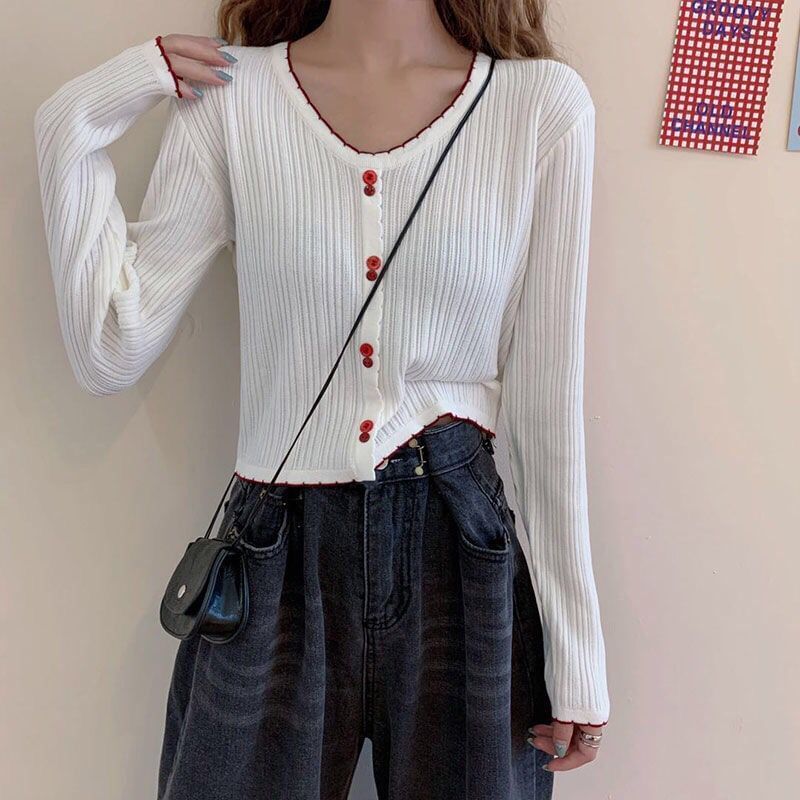 Crop Trim Ribbed Long-Sleeve V-Neck Contrast Knit Button Top