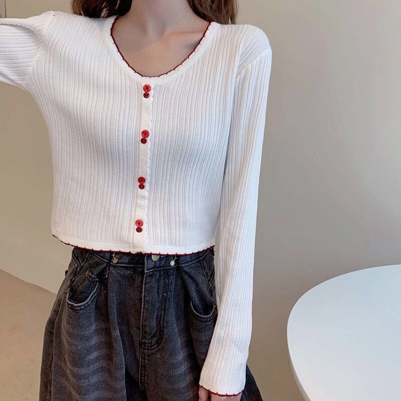 Crop Trim Ribbed Long-Sleeve V-Neck Contrast Knit Button Top