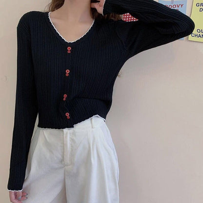 Crop Trim Ribbed Long-Sleeve V-Neck Contrast Knit Button Top