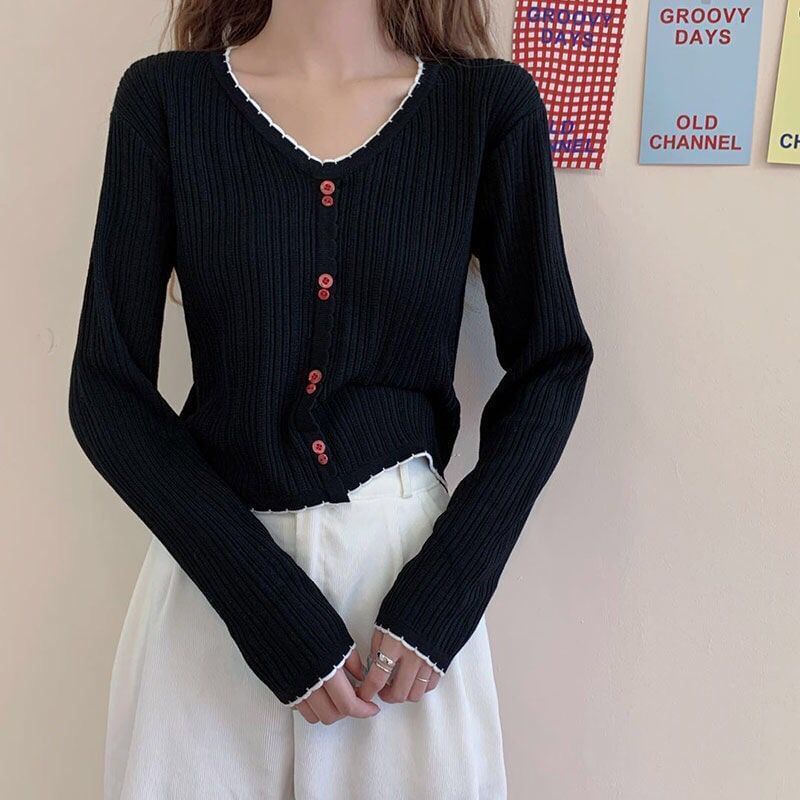 Crop Trim Ribbed Long-Sleeve V-Neck Contrast Knit Button Top