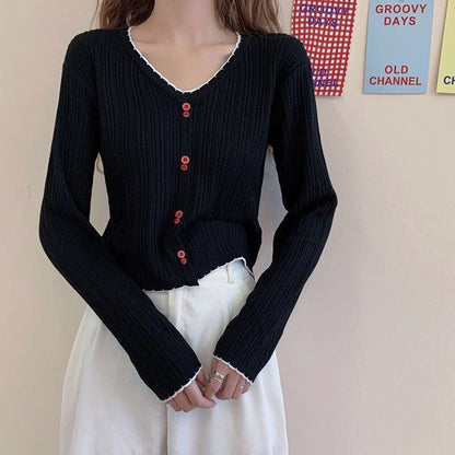Crop Trim Ribbed Long-Sleeve V-Neck Contrast Knit Button Top