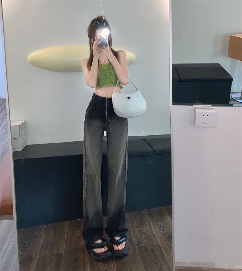 Washed Loose Fit High Jeans Gradient Waist