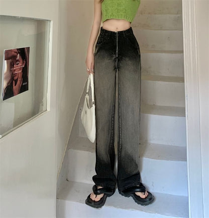 Washed Loose Fit High Jeans Gradient Waist