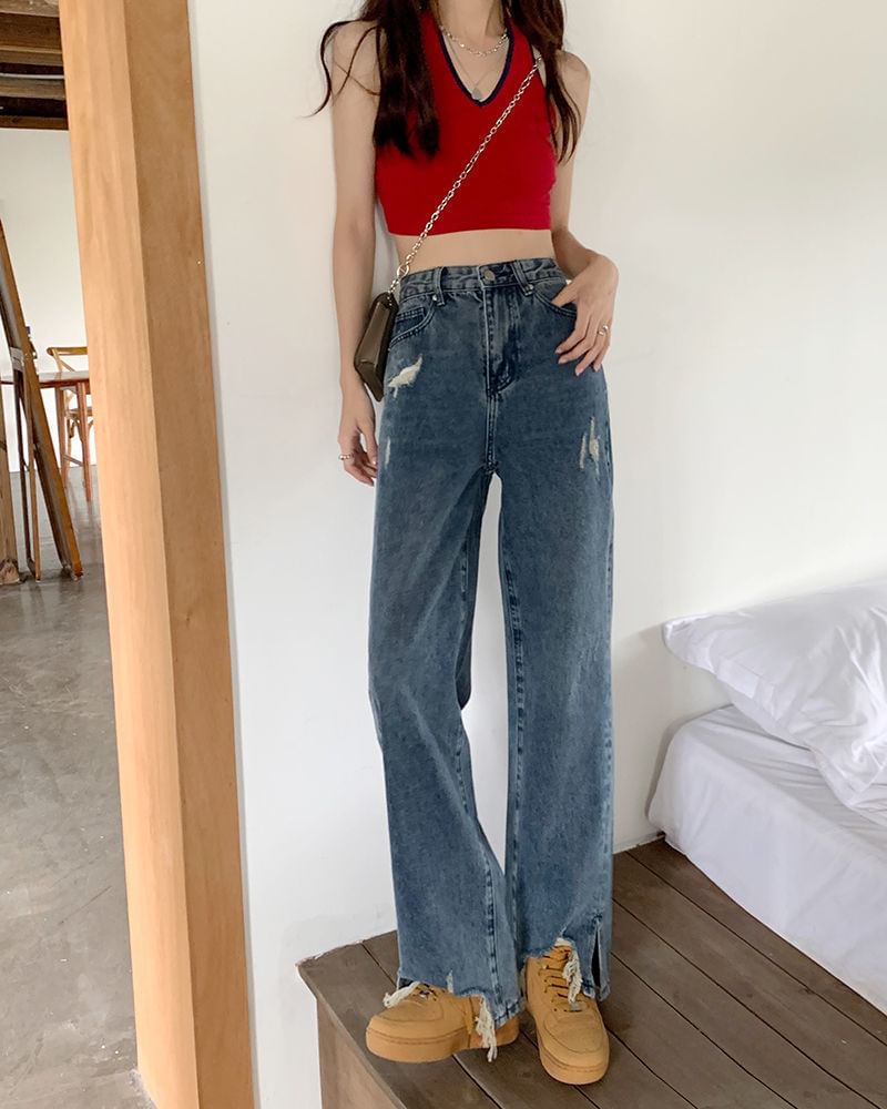 Distressed High Waist Jeans Loose Fit