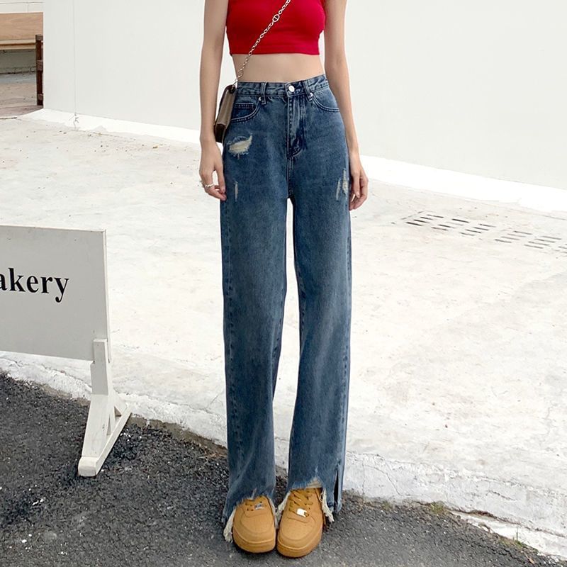 Distressed High Waist Jeans Loose Fit