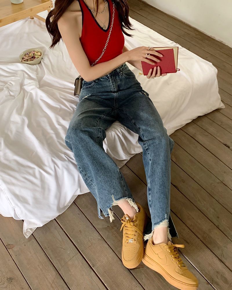 Distressed High Waist Jeans Loose Fit