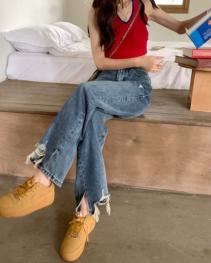 Distressed High Waist Jeans Loose Fit