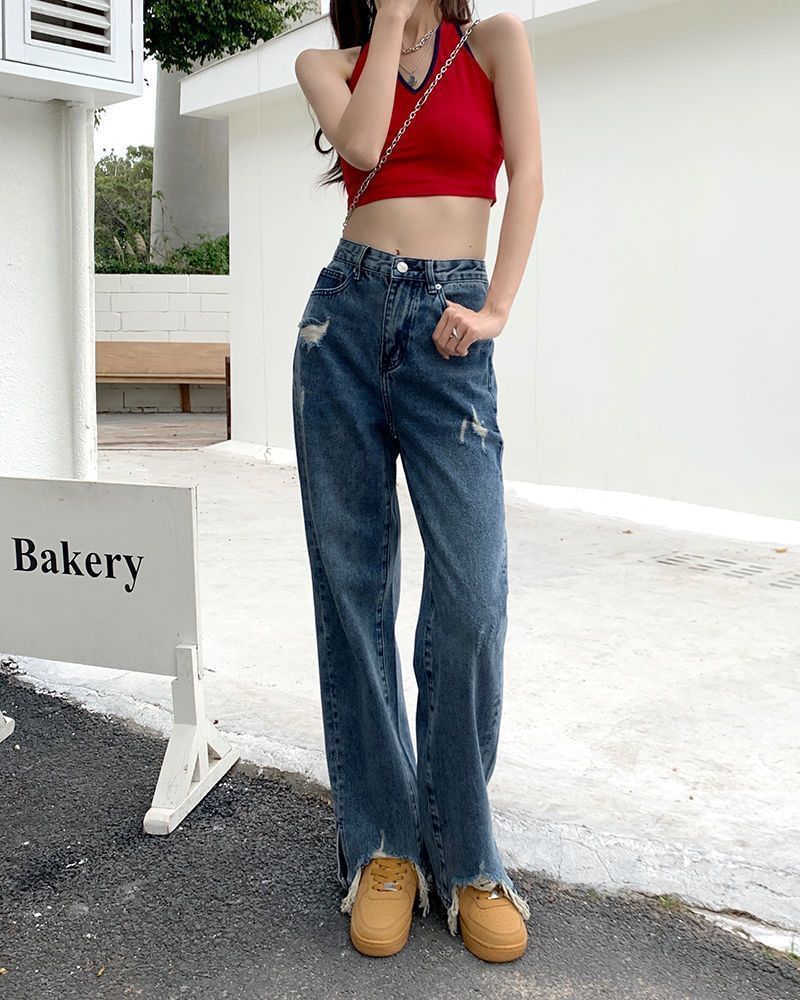 Distressed High Waist Jeans Loose Fit