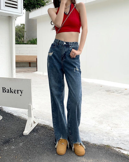 Distressed High Waist Jeans Loose Fit