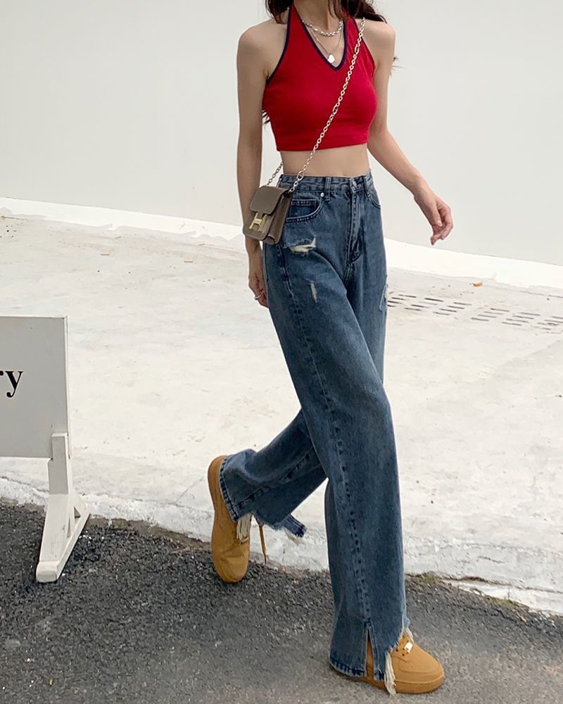 Distressed High Waist Jeans Loose Fit