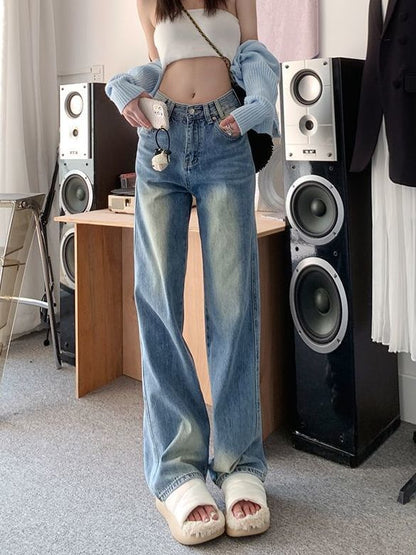 Jeans Washed Leg High Waist Wide