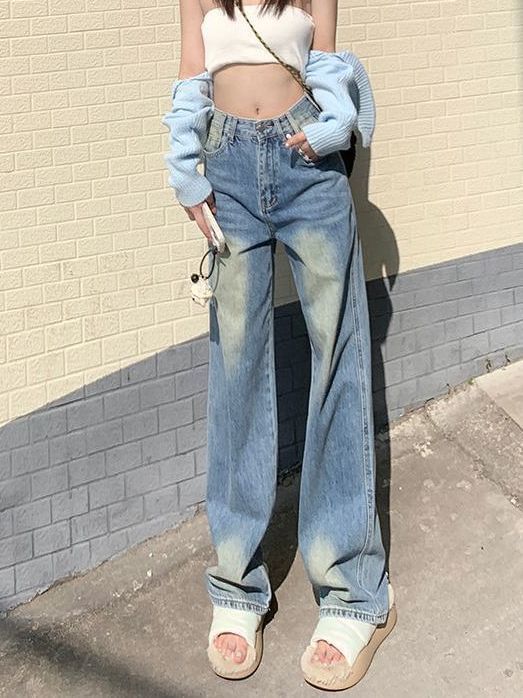 Jeans Washed Leg High Waist Wide