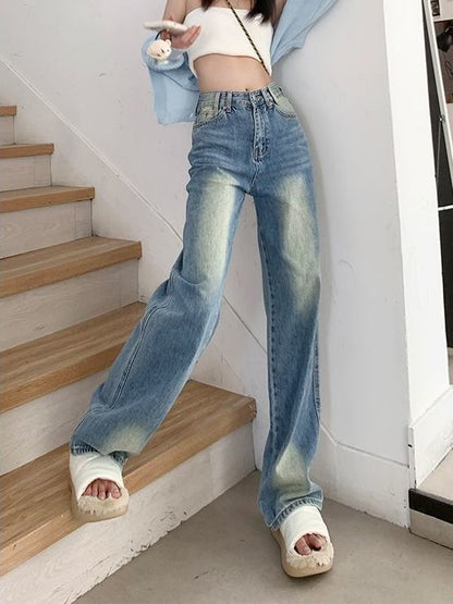 Jeans Washed Leg High Waist Wide