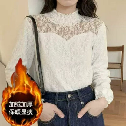 Lace Plain Neck Mock Top Long-Sleeve