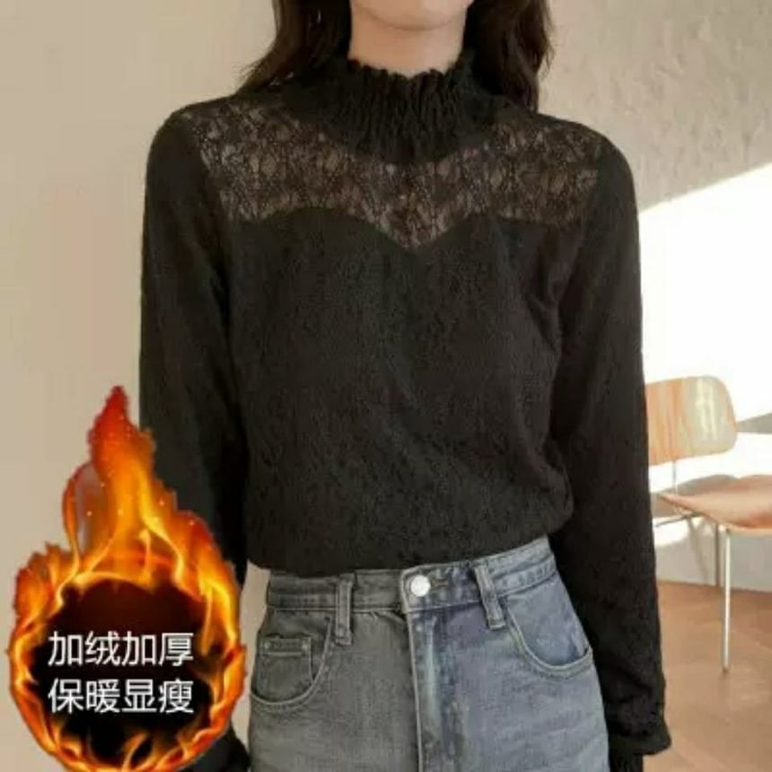 Lace Plain Neck Mock Top Long-Sleeve
