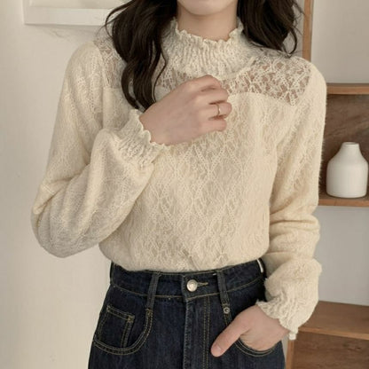 Lace Plain Neck Mock Top Long-Sleeve