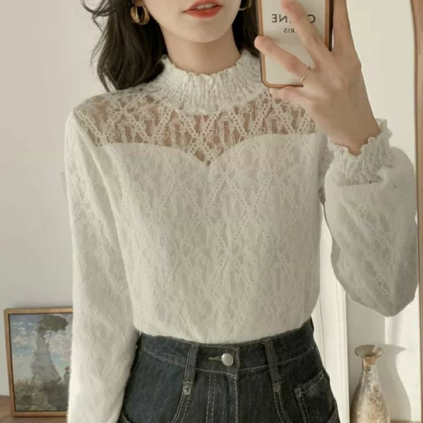 Lace Plain Neck Mock Top Long-Sleeve
