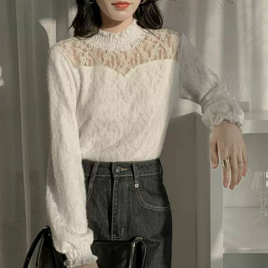 Lace Plain Neck Mock Top Long-Sleeve
