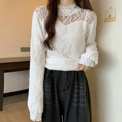 Lace Plain Neck Mock Top Long-Sleeve