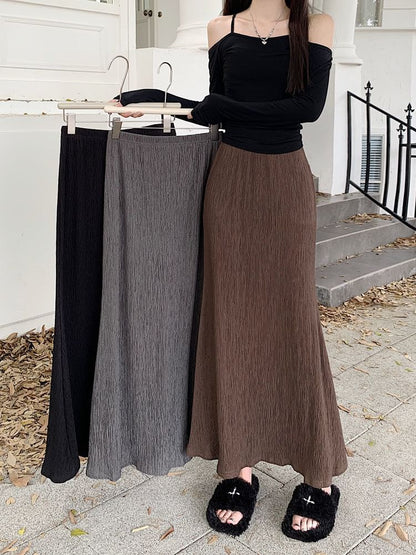 Waist A-Line Elastic Midi Plain Skirt