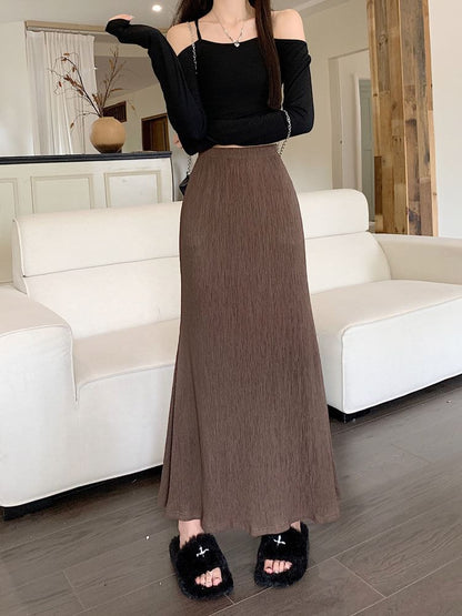 Waist A-Line Elastic Midi Plain Skirt
