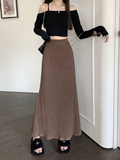 Waist A-Line Elastic Midi Plain Skirt