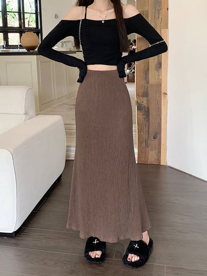 Waist A-Line Elastic Midi Plain Skirt