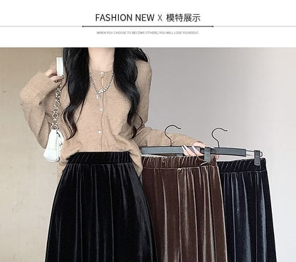 Elastic Plain Midi Velvet A-Line Waist Skirt