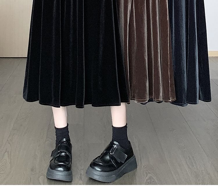 Elastic Plain Midi Velvet A-Line Waist Skirt
