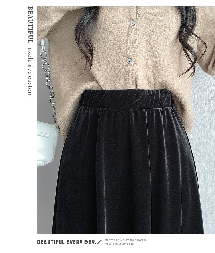 Elastic Plain Midi Velvet A-Line Waist Skirt
