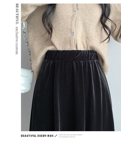 Elastic Plain Midi Velvet A-Line Waist Skirt