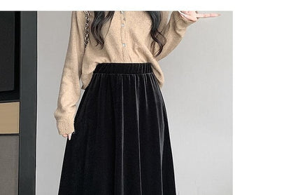 Elastic Plain Midi Velvet A-Line Waist Skirt