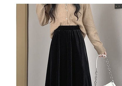Elastic Plain Midi Velvet A-Line Waist Skirt