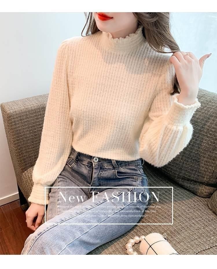 Neck Top Lace Plain Long-Sleeve Mock