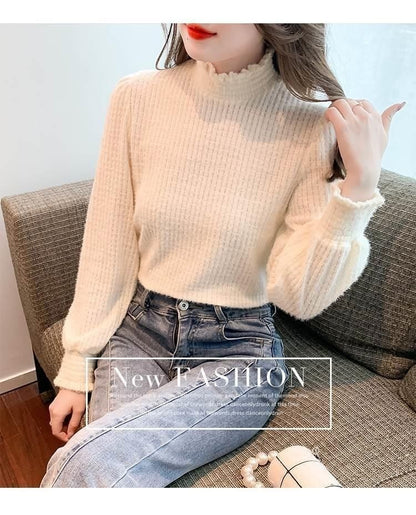 Neck Top Lace Plain Long-Sleeve Mock