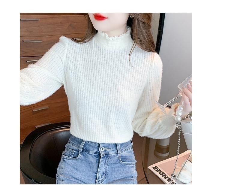 Neck Top Lace Plain Long-Sleeve Mock