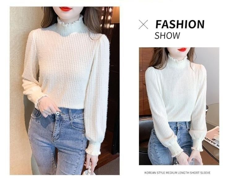 Neck Top Lace Plain Long-Sleeve Mock
