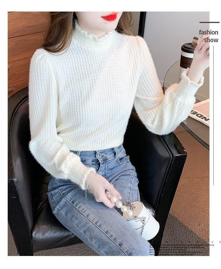 Neck Top Lace Plain Long-Sleeve Mock