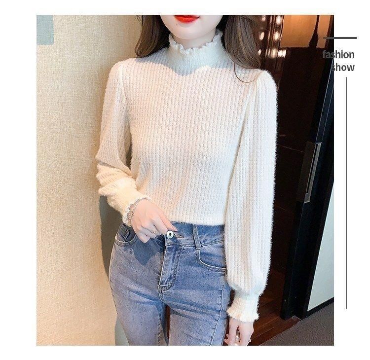 Neck Top Lace Plain Long-Sleeve Mock