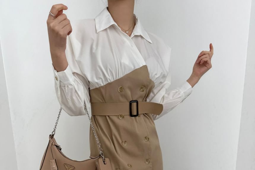 Long-Sleeve Collared  Two Tone Double-Breasted Midi Shirt Dress