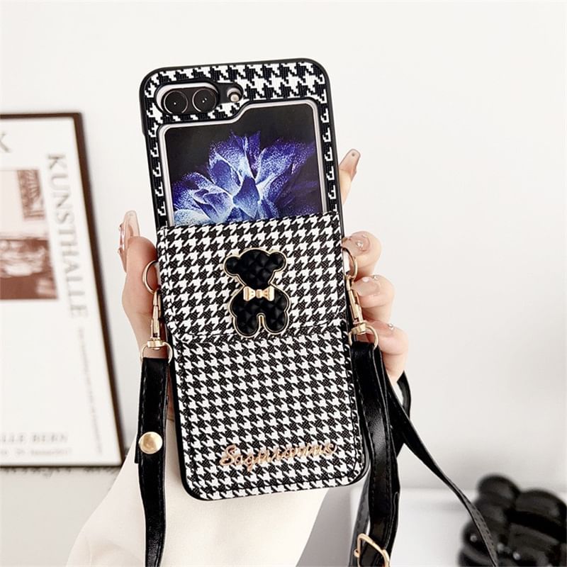 Pearl Lanyard Houndstooth Case Faux Phone Cat