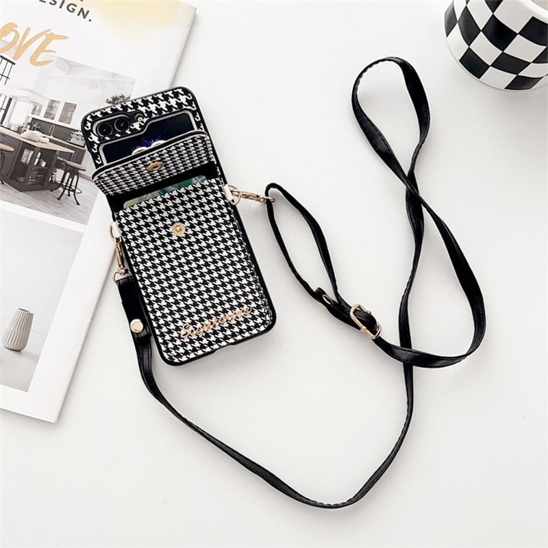 Pearl Lanyard Houndstooth Case Faux Phone Cat