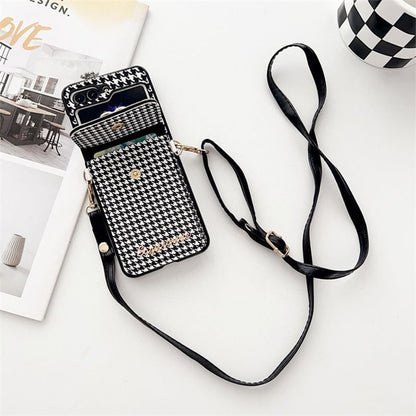 Pearl Lanyard Houndstooth Case Faux Phone Cat