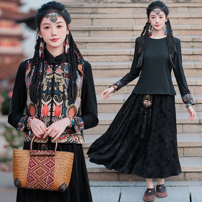 Long-Sleeve Crew Neck Plain T-Shirt / Mid Rise Hanfu Floral Maxi A-Line Skirt / Patterned Vest