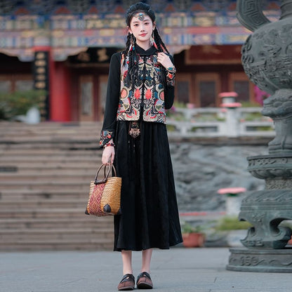 Long-Sleeve Crew Neck Plain T-Shirt / Mid Rise Hanfu Floral Maxi A-Line Skirt / Patterned Vest