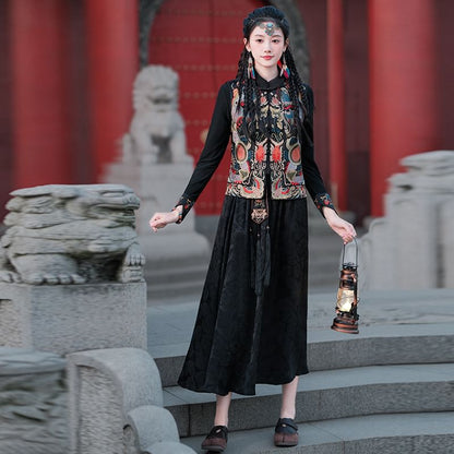 Long-Sleeve Crew Neck Plain T-Shirt / Mid Rise Hanfu Floral Maxi A-Line Skirt / Patterned Vest