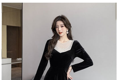 Long-Sleeve Crew Neck Plain Faux Pearl Accent Velvet Midi A-Line Dress