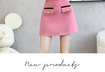 Set: Collared Two Tone Button Jacket + Mid Rise Mini A-Line Skirt